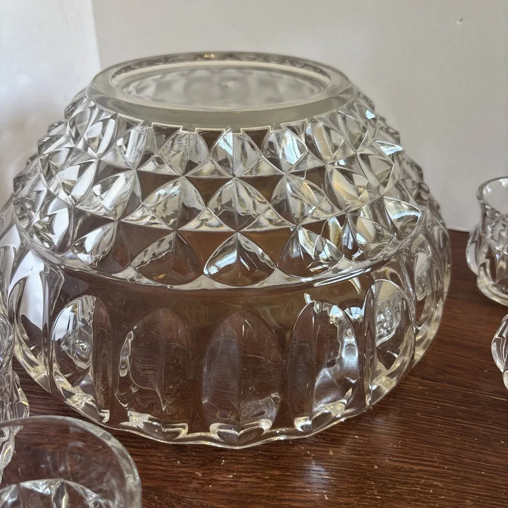 Vintage Set Punch Bowl With 12 Cups Indiana Glass‎ Lotus Blossom Heavy Cut